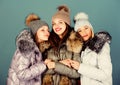 True embraces. girls in beanie. flu and cold. seasonal shopping. happy winter holidays. Friendship. women in padded warm