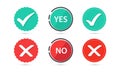 True and false flat icons. Check mark and red cross icon. Yes or No button. Vector illustration