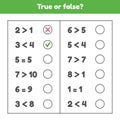 True or false. More, less or equal. Educational math game for kids preschool and school age Royalty Free Stock Photo