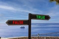 True or false symbol. Concept word True or False on beautiful signpost with two arrows. Beautiful blue sea sky with clouds