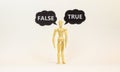 True or false symbol. Wooden model of businessman human. Black paper with words `true false`. Beautiful white background, copy