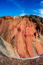 True Icelandic landscape view of colorful rainbow volcanic Landmannalaugar mountains, red and pinky volcanic crater and famous