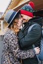 True love emotions of joyful cute couple enjoying time together outdoor in city. Lovely happy moments, having fun Royalty Free Stock Photo