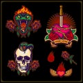 True love is love forever. Emblems with sword, heart, skull and green aggressive serpent with burning head. Vector tattoo design.