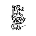 True love story never ends. Brush calligraphy. Modern brush lettering isolated on white background for Valentine`s day Royalty Free Stock Photo