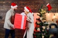 True love. woman and man love xmas. greeting time. Huge surprise. happy new year. Santa gift delivery. family christmas