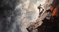 Mountaineer climbs cliff over blue sea sunset
