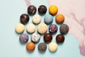 truffle candies with different coatings arranged in a circle on pastel background