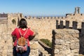 Trujillo, Caceres, Spain. SEPTEMBER 29, 2.019 - Tourist taking photos with his mobile phone on top of the castle