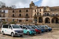 Many colorful camper vans parked in the Plaza Mayor square in the historic city center of Trujillo