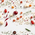 Truly Seamless Tile of Overhead Photograph of A Variety of Vegetables and Spices - Generative AI