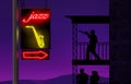 A trump player practices on his patio while a neon sign directs music lovers to a jazz club Royalty Free Stock Photo