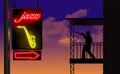 A trumpet player practices on his patio while a neon sign directs music lovers to a jazz club Royalty Free Stock Photo