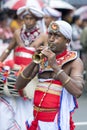 A Trumpet Blower performs along the streets of Kandy during the Day Perahera in Kandy, Sri Lanka.