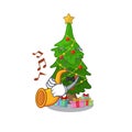 With trumpet christmas tree next to cartoon table Royalty Free Stock Photo