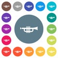 Trumpet flat white icons on round color backgrounds