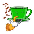 With trumpet green tea mascot cartoon