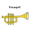 Trumpet hand-drawn isolated on white background. Artistic golden metal wind instrument vector clip art Royalty Free Stock Photo