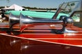 Trumpet Horns With Refletion on Wooden retro Speed Boat Detail at marina boat show Royalty Free Stock Photo