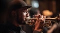 Trumpet instrument. Music player trumpeter jazz playing. Brass instrument cornet hands, generative ai Royalty Free Stock Photo