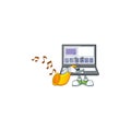 With trumpet laptop cartoon mascot on white background. Royalty Free Stock Photo