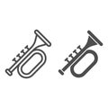 Trumpet line and solid icon. Brass musical instrument with flared bell outline style pictogram on white background Royalty Free Stock Photo