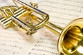 Shiny golden trumpet lying on sheet music Royalty Free Stock Photo