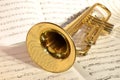 Golden trumpet lying on sheet music Royalty Free Stock Photo