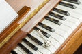 Trumpet mouthpiece upon the piano keys, close up Royalty Free Stock Photo