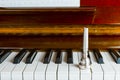 Trumpet mouthpiece upon the piano keys, close up