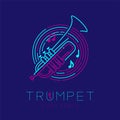 Trumpet, music note with line staff circle shape logo icon outline stroke set dash line design illustration isolated on dark blue Royalty Free Stock Photo