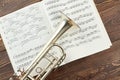 Trumpet on musical notes book. Royalty Free Stock Photo