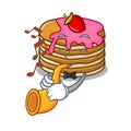With trumpet pancake with strawberry mascot cartoon