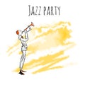 Trumpet player on a watrecolor background. Vector jazz party poster template with copy space.