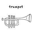 Trumpet sketch illustration. Hand drawn black and white wind instrument