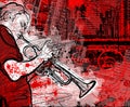 Trumpeter on a grunge cityscape background