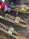 Trumpets on ground with bell cover during marching band practice Royalty Free Stock Photo