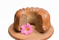 Truncated bundt cake with mandevilla blossom decorated Royalty Free Stock Photo