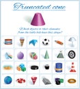 Truncated cone. Image of volumetric geometrical figure with examples of such objects form