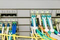 Trunk interfes of the central router. Optical links on the front panel of the network switch. Powerful computer equipment is Royalty Free Stock Photo