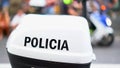 Trunk of police motorcycle with inscription `Policia` nd police flashing lights