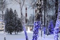 Christmas decorations and pipes of an oil refinery. Royalty Free Stock Photo