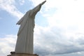 Truskavets, Ukraine - July 22, 2023: Beautiful statue of Christ the Redeemer against cloudy blue sky, low angle view. Space for