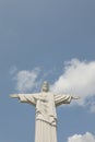 Truskavets, Ukraine - July 14, 2023: Beautiful statue of Jesus Christ against blue sky, low angle view. Space for text