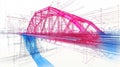 A truss bridge's stress fields calculated by the finite element method. Tension is in blue, compression is in red.