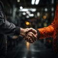 Trust forged Mechanic and client exchange handshake, affirming successful garage repair experience