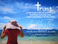 Trust in God with background ocean view and a lady look up to the sky design for Christianity. Royalty Free Stock Photo