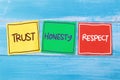 Trust honesty respect, text words typography written on paper against wooden background, life and business motivational