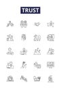 Trust line vector icons and signs. Loyalty, Credence, Credibility, Assurance, Depend, Faith, Certainty, Veracity outline