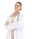 Trust me with your health. A beautiful female doctor smiling at the camera with her arms folded. Royalty Free Stock Photo